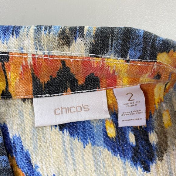 Chicos Jacket 2 Linen Blend Southwestern Aztec Trucker Art to Wear Colorful M L - Picture 12 of 14